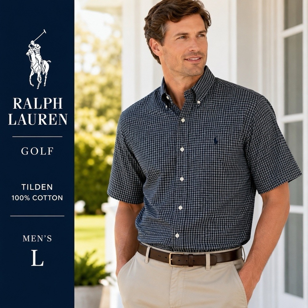 RALPH LAUREN Golf Tilden Shirt Men L Blue Green Tartan Plaid Cotton Short Sleeve